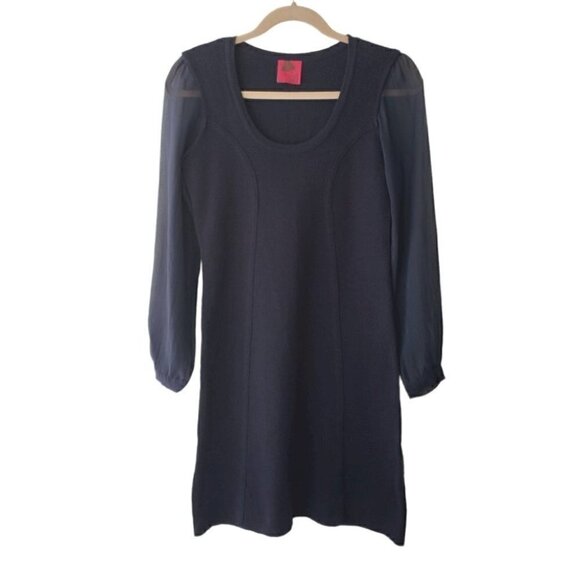 Juliette Longuet Navy Blue Wool Blend Mini Dress Knit With Silk Sleeves - Picture 1 of 6